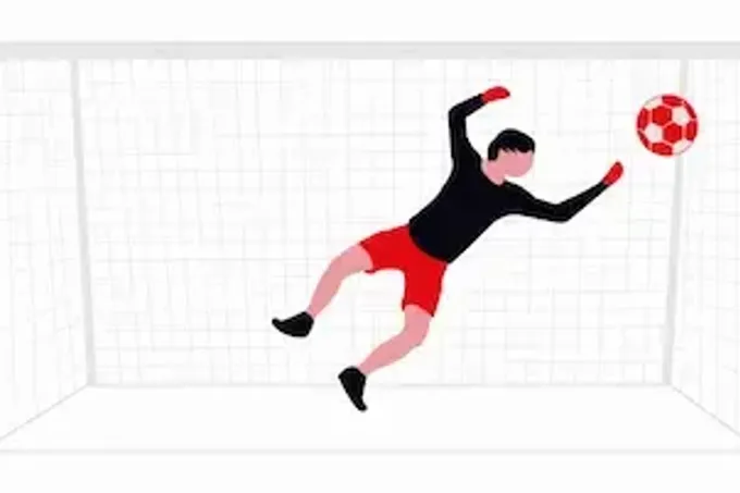 Illustration eines Torwarts im Fußballtor beim Sprung zum Ball, passend zu den zwei aktiven Teams des TSV Ludwigsfeld: 1. Herren und Ü32 Herren.