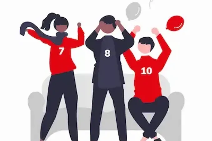 Illustration von Fußballfans in roten Trikots, passend zum TSV Ludwigsfeld als Verein für Teamgeist, Respekt und Zusammenhalt.