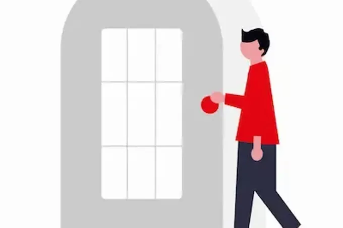 Illustration einer Person an einer offenen Tür, passend zum TSV Ludwigsfeld mit kurzen Wegen, schnellem Anschluss und aktiver Beteiligung.
